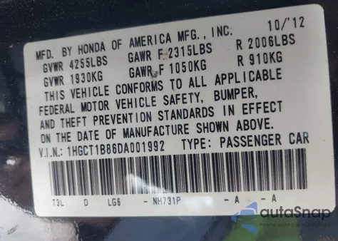 2013 Honda Accord Ex-L z USA, uszkodzony, nr VIN 1HGCT1B86DA001992